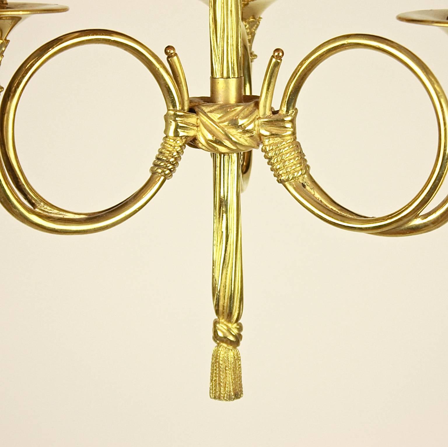 French Bronze Three-Light 'Hunting Horn' Chandelier by Maison Baguès
