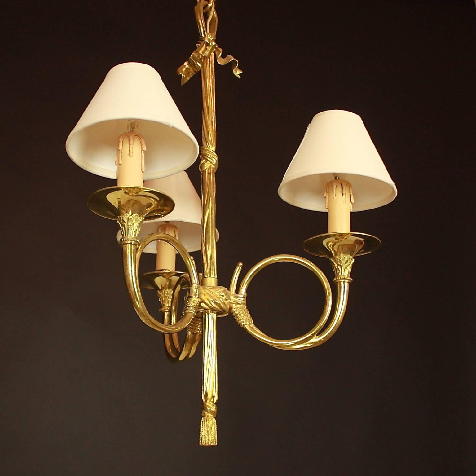 20th Century Bronze Three-Light 'Hunting Horn' Chandelier by Maison Baguès