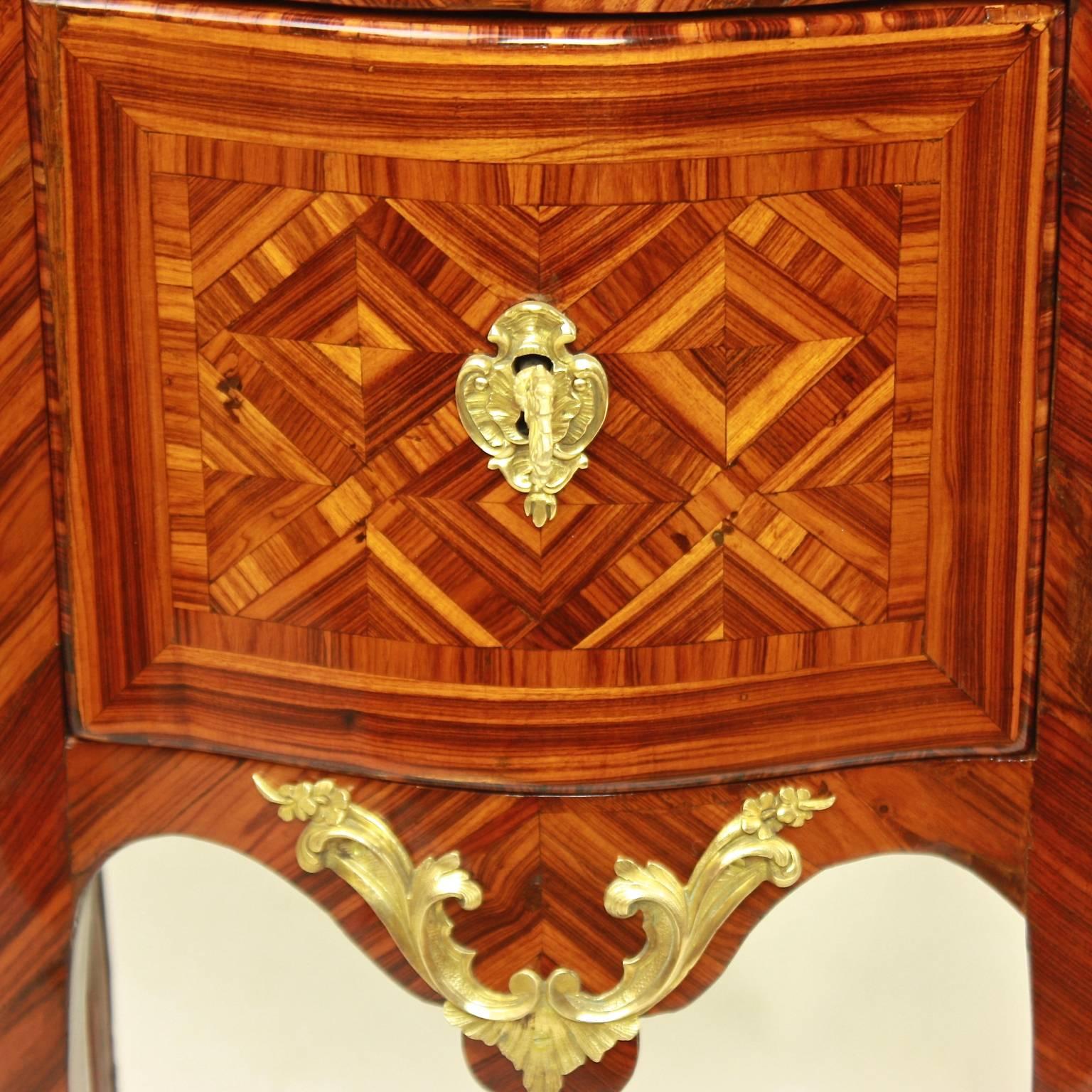 French Small Tulipwood and Parquetry Commode, Late Regence, in the Manner of M. Criaerd