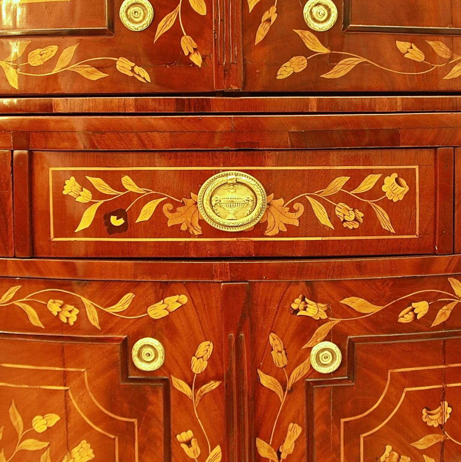 Louis XVI Large Neoclassical Flower Marquetry Bowfront Corner Cupboard