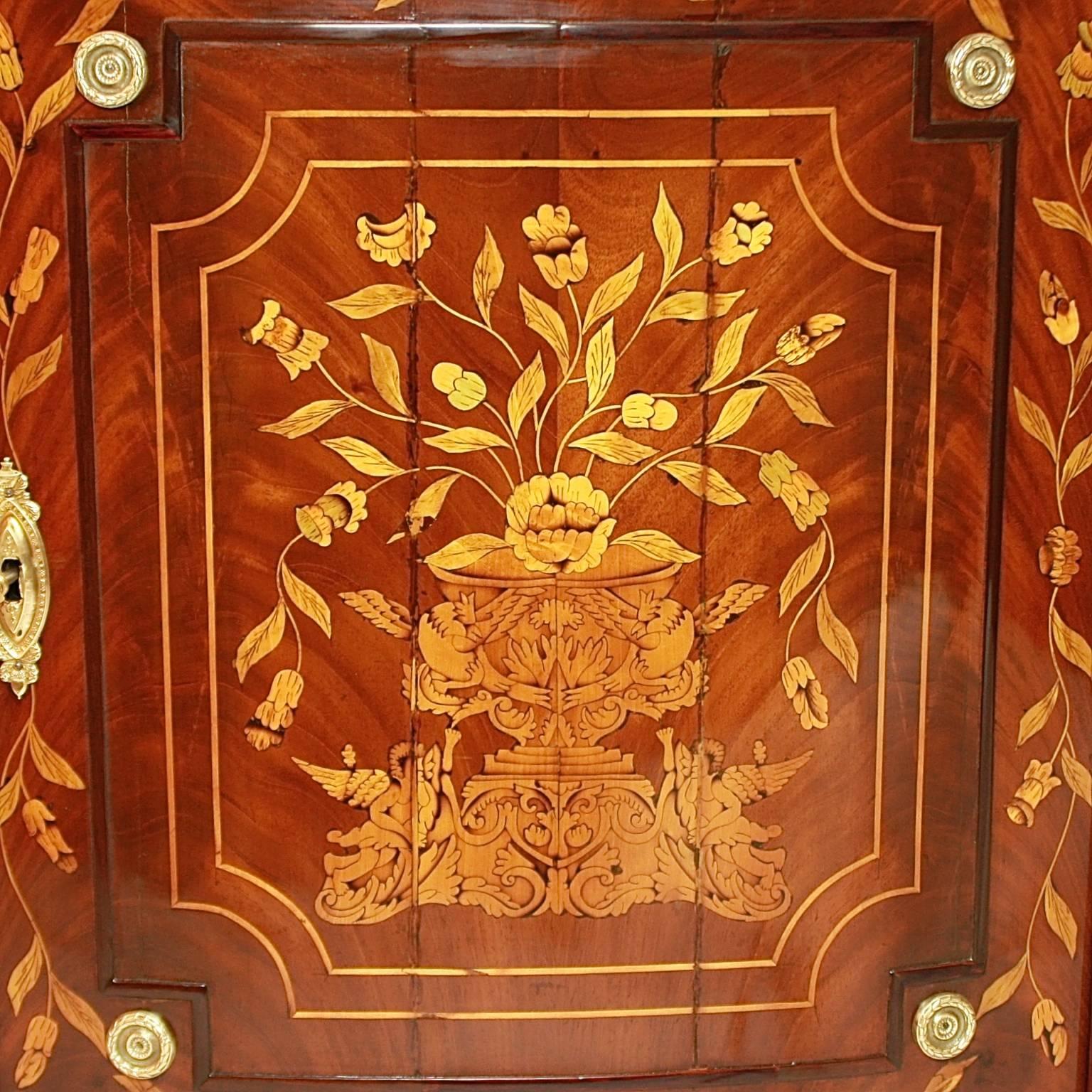 Dutch Large Neoclassical Flower Marquetry Bowfront Corner Cupboard