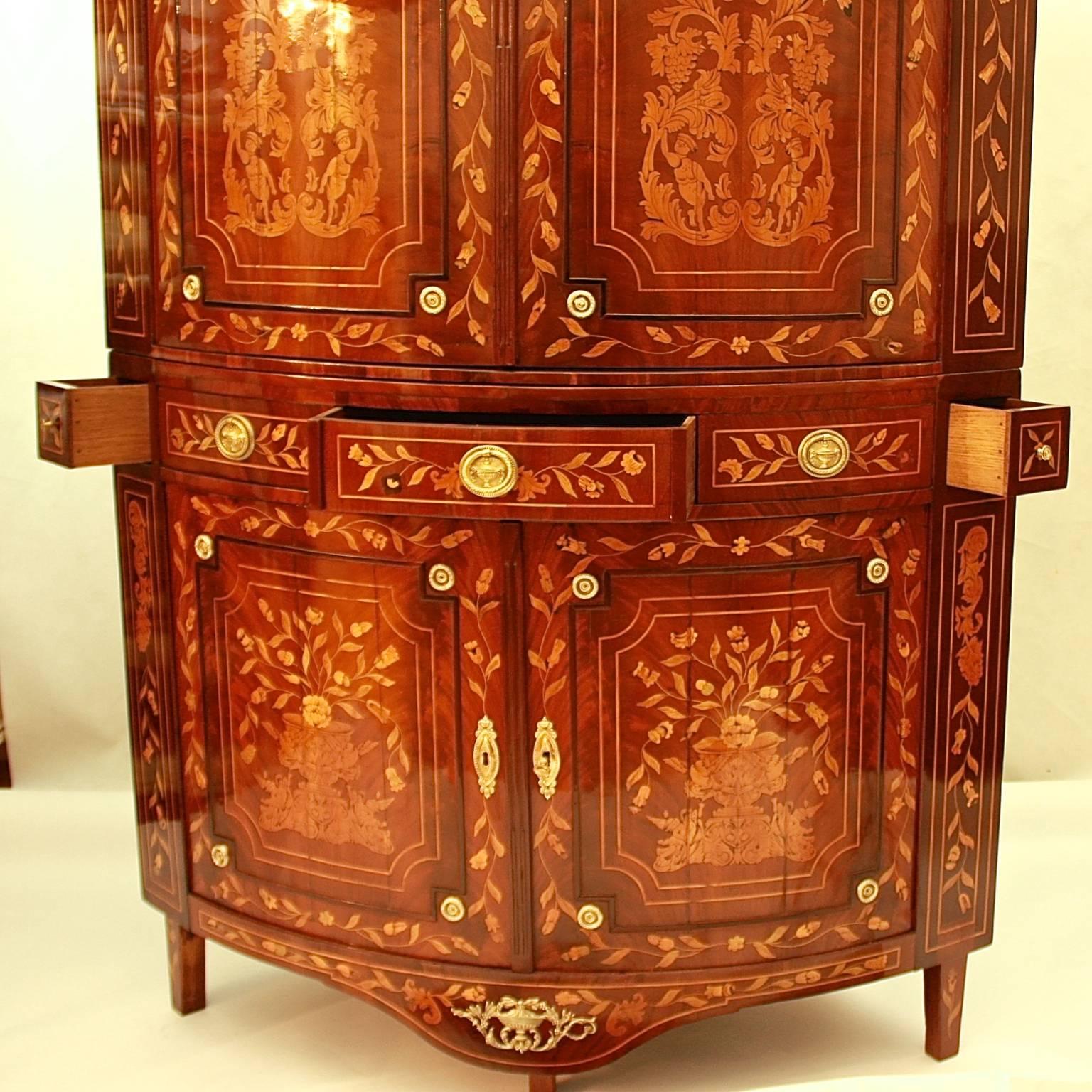 Gilt Large Neoclassical Flower Marquetry Bowfront Corner Cupboard