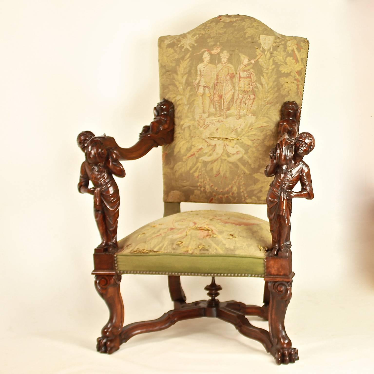 Gran sillón italiano del siglo XIX de estilo barroco tallado en nogal en Excelente Estado en Berlin, DE