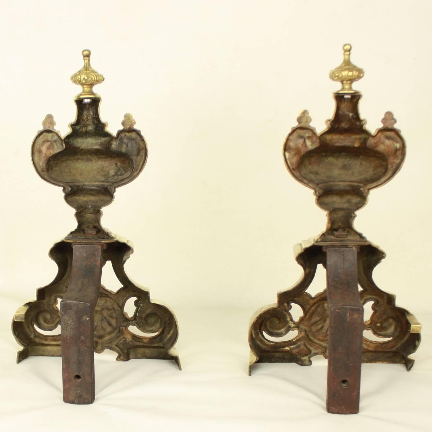 Mid-19th Century 19th Century Pair of Louis XIV Style Vase Motif Bronze Andirons or Fire Dogs