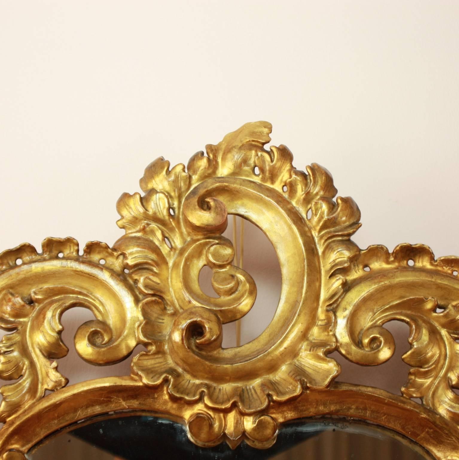 Baroque Early 18th Century Italian Cartouche-Shaped Giltwood Mirror