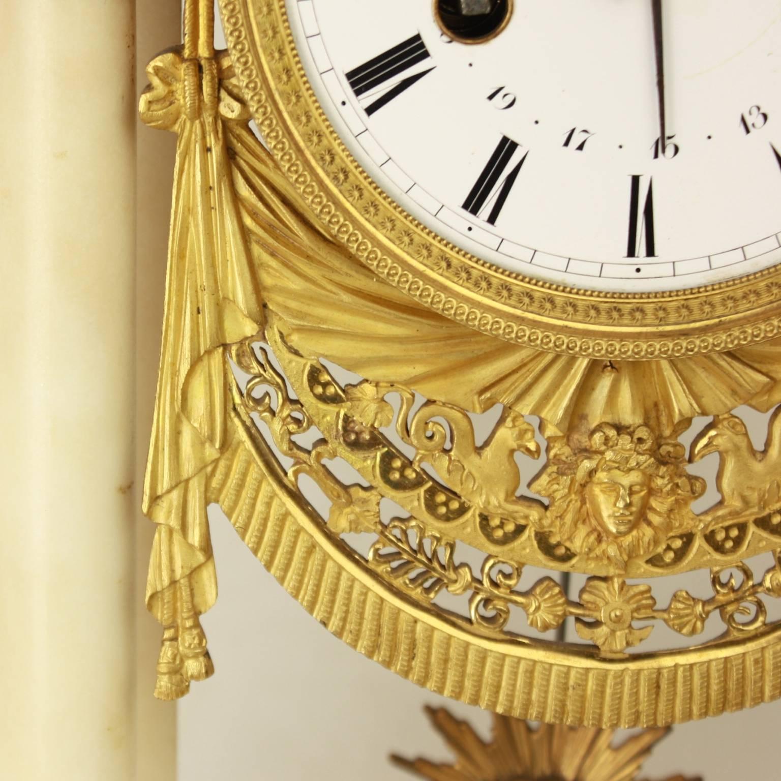 Gilt French Empire Alabaster Portico Clock with Ormolu Mounts