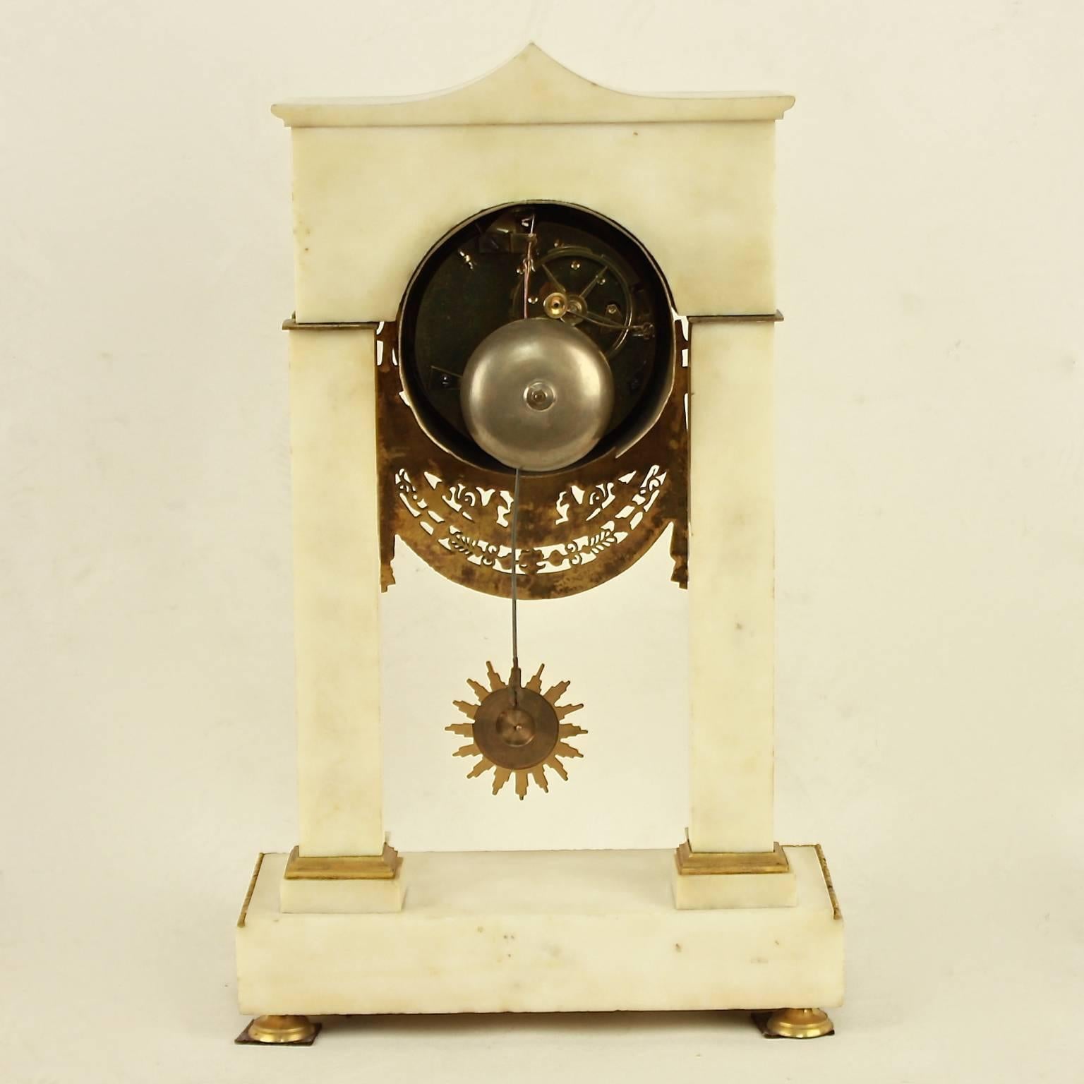 Early 19th Century French Empire Alabaster Portico Clock with Ormolu Mounts
