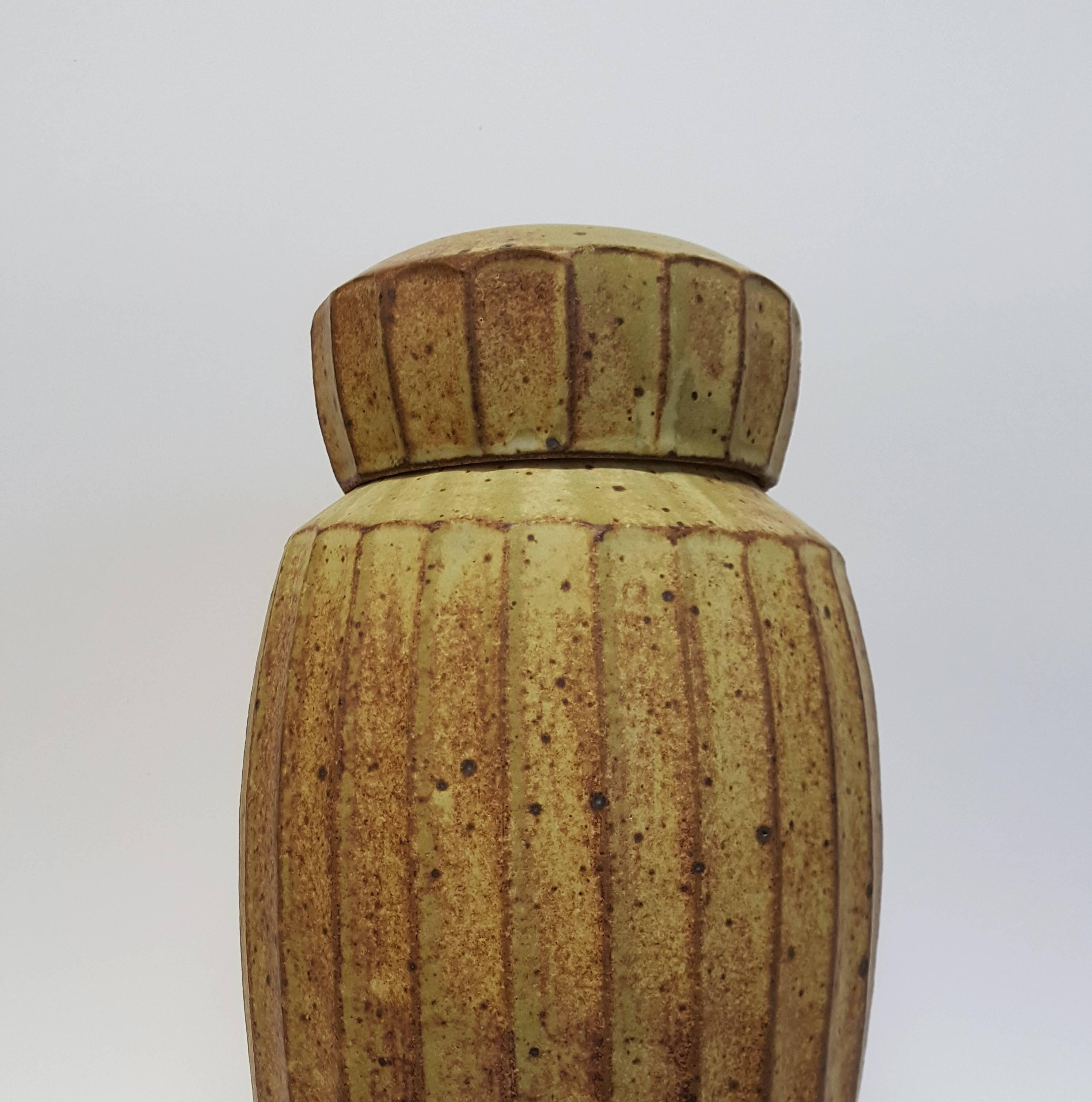 Warren MacKenzie (born 1924)
Large fluted jar with lid, n.d.
Stoneware
Measures: 13 ½ x 7 x 7 inches


Mackenzie's defining moment leading to his life's work began while he was a student at The Art Institute of Chicago when he came across a