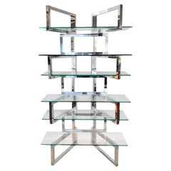Milo Baughman Style Chrome And Glass Butterfly Shelve Unit, Midcentury
