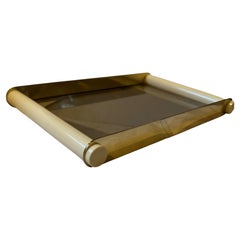 1970s Italian Hollywood Regency brass and mirrored glass vanity tray