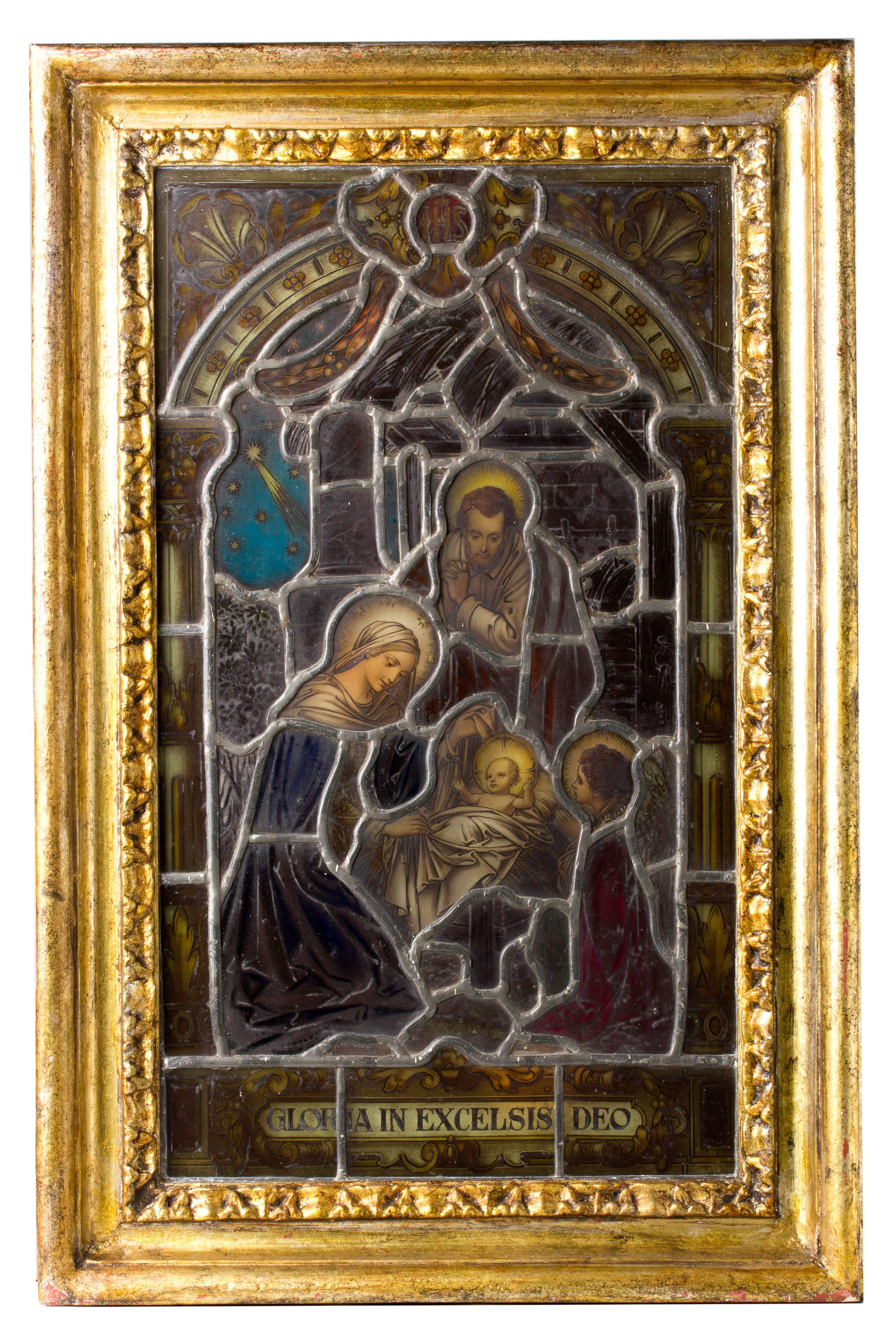 Stained glass with a golden wooden frame.
Scene: Sacred family
Signature: made by Franz Mayer Munich.