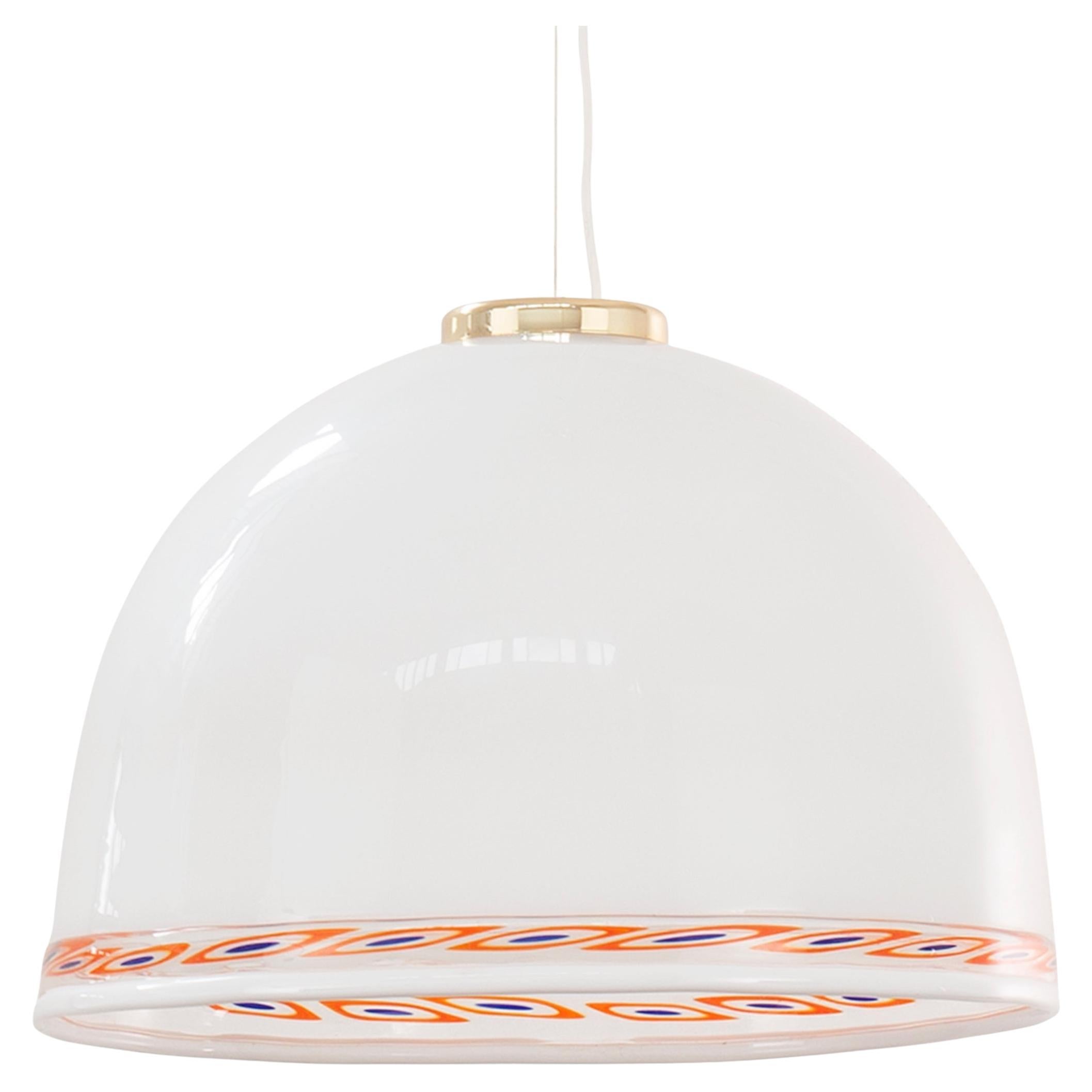 Pendant Lamp in White Murano Glass with Red Murrine, Italy For Sale