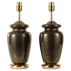 Set of 2 Black Blown Murano Glass Lamps with Spiral Decoration, Italy