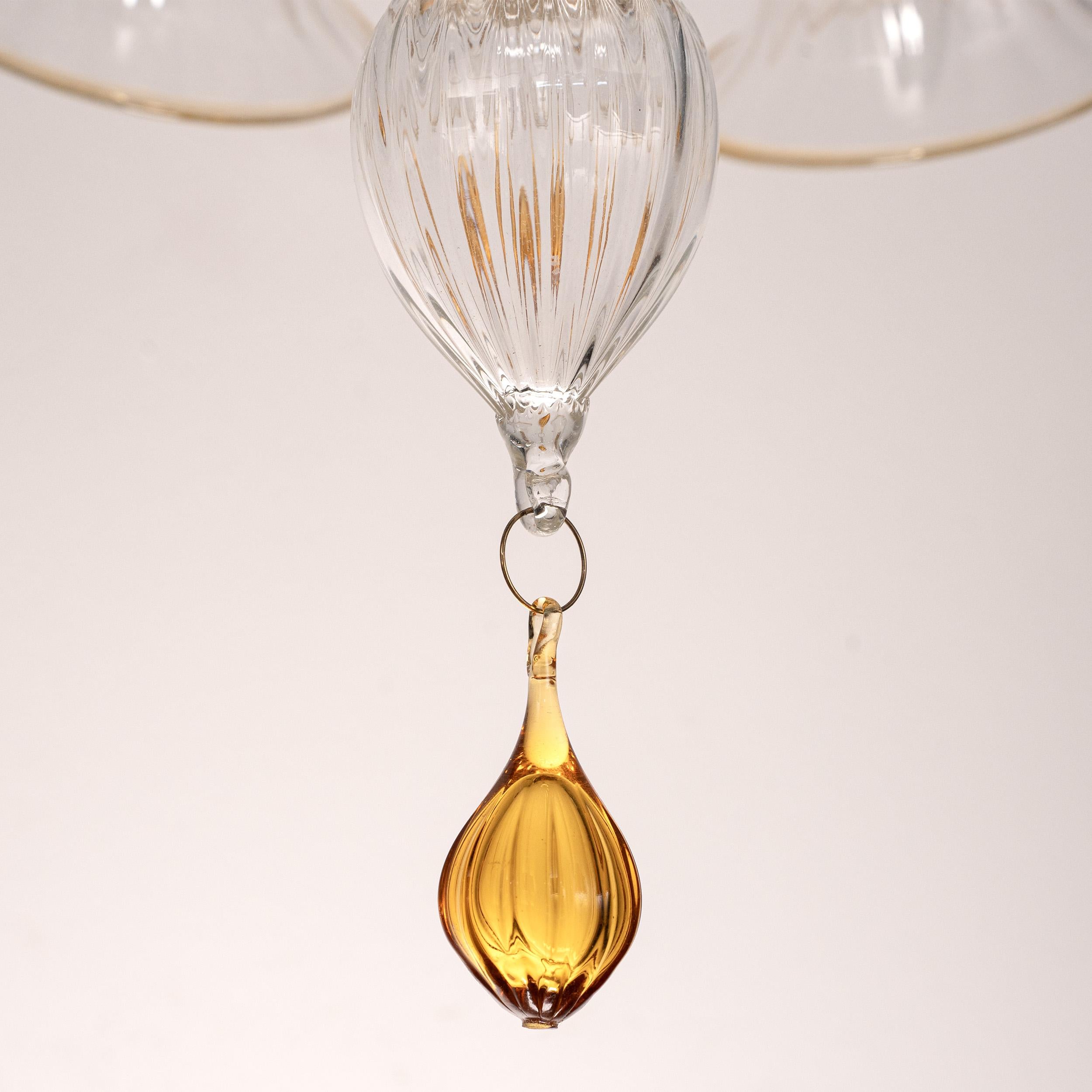Ottone In stock Lampadario in vetro di Murano Ambra e trasparente a 6 luci, Vintage Made in Italy in vendita