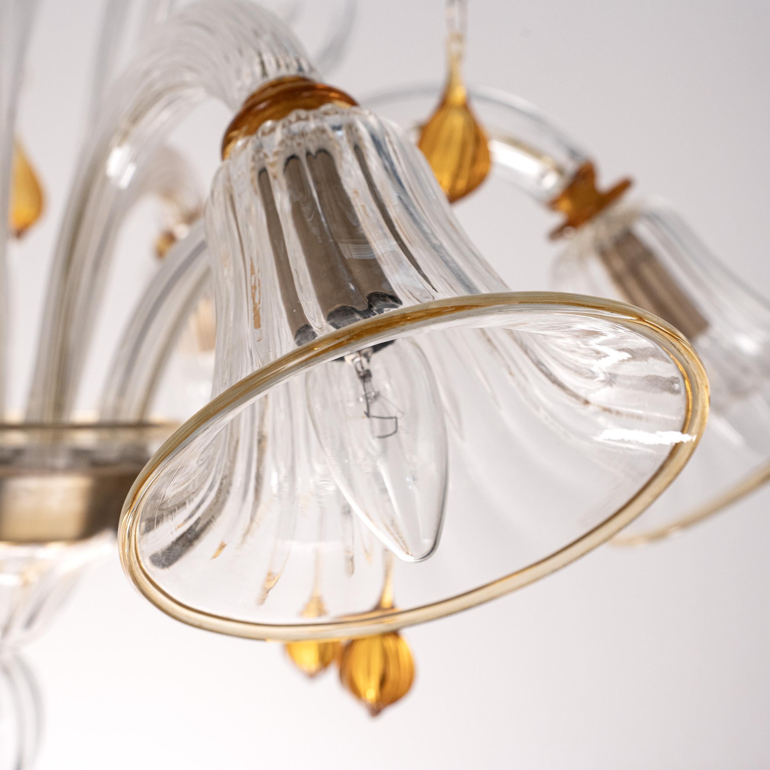 XX secolo In stock Lampadario in vetro di Murano Ambra e trasparente a 6 luci, Vintage Made in Italy in vendita