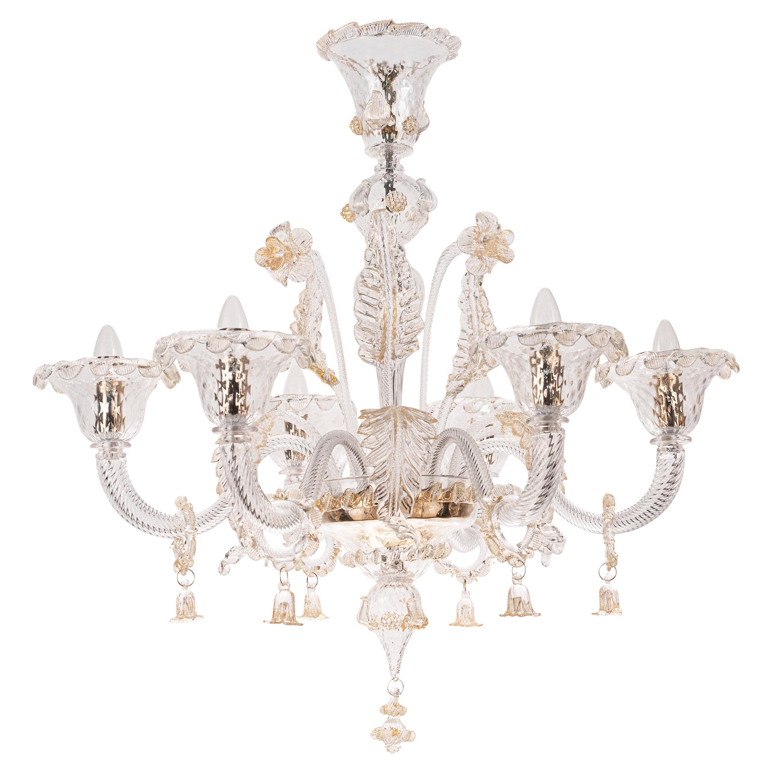 Lustre 6 lumières en verre clair et doré de Murano, Vintage Made in Italy en stock