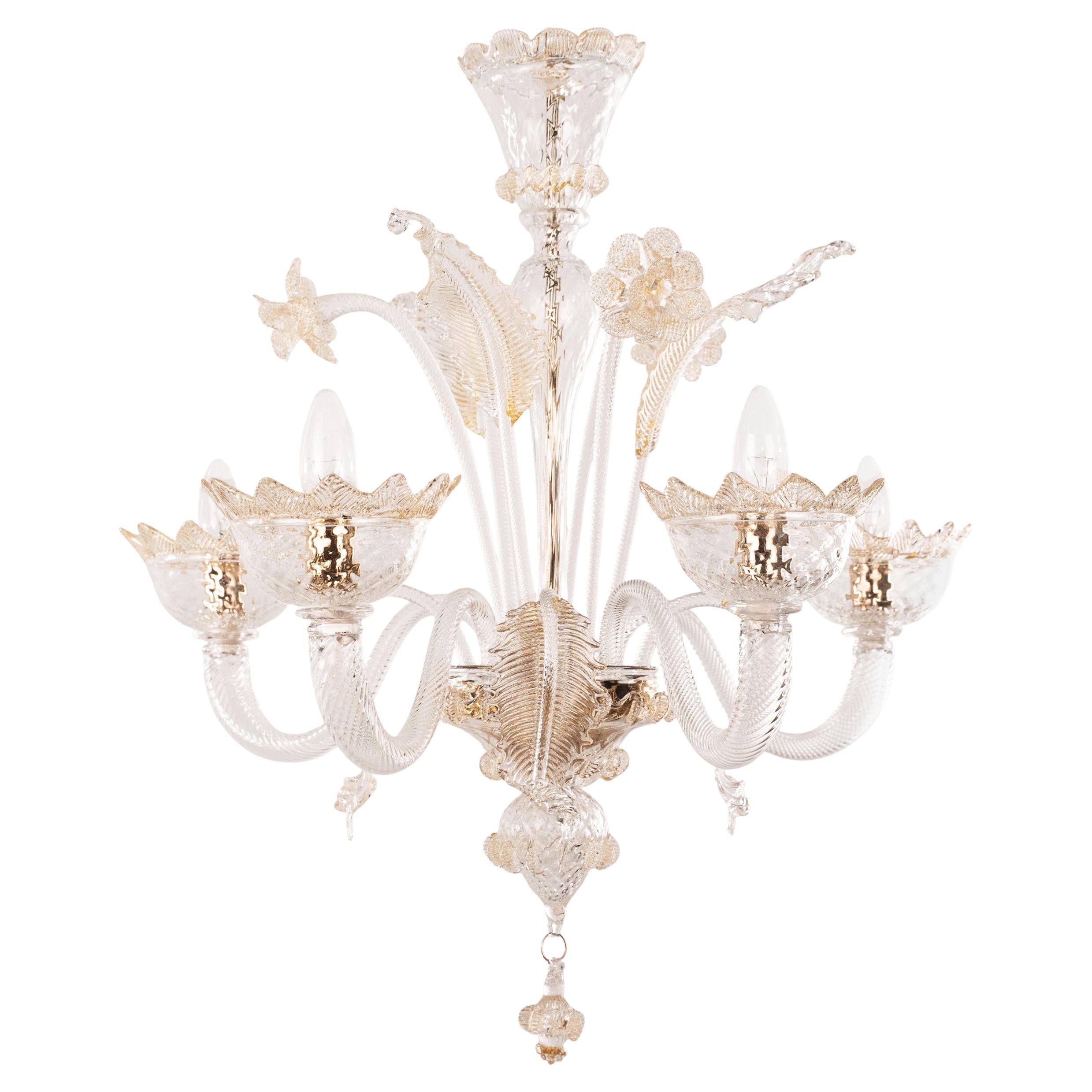 Lampadario a 4 luci in vetro di Murano Clear e Gold, Vintage Made in Italy in stock