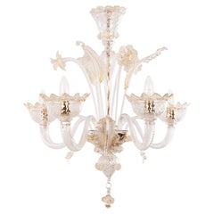Lampadario a 4 luci in vetro di Murano Clear e Gold, Vintage Made in Italy in stock