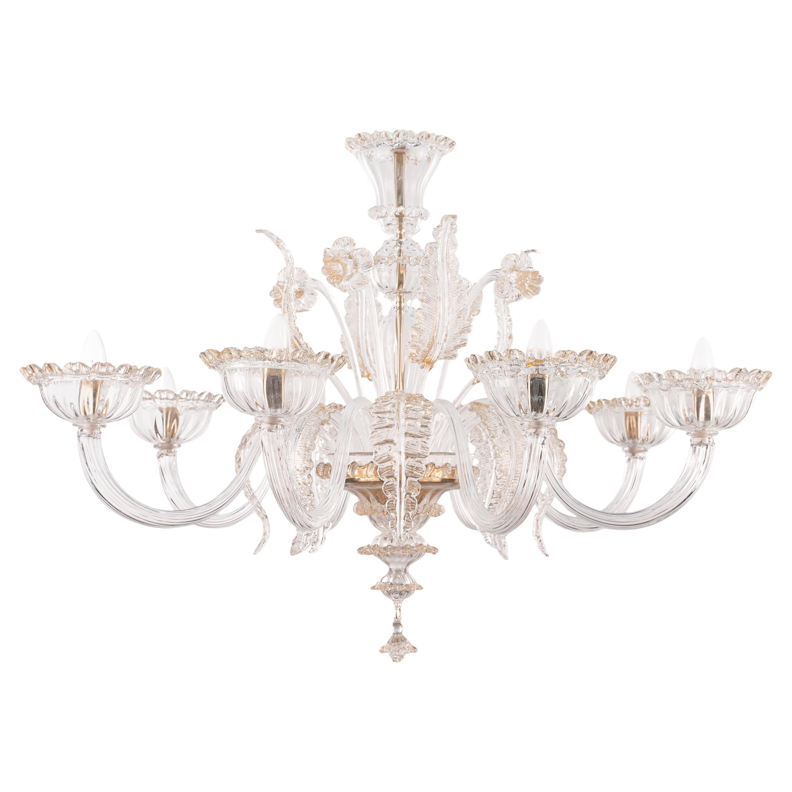 Lampadario originale in vetro di Murano a 6 luci chiaro e oro Made in Italy in stock