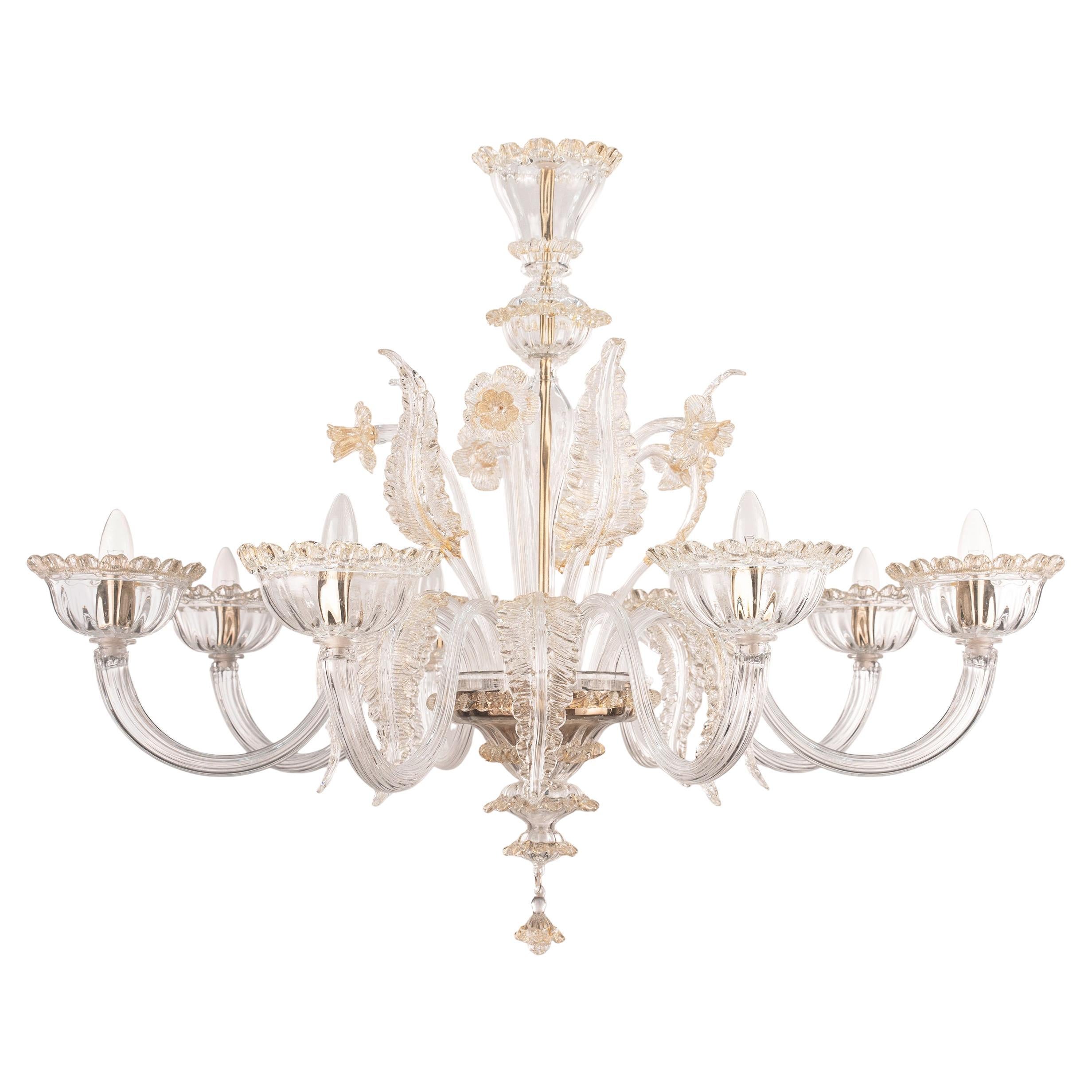 In stock grande lampadario di Murano in vetro chiaro e oro a 6 luci, Made in Italy in vendita