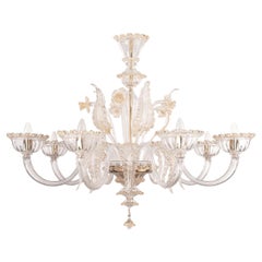 In stock grande lampadario di Murano in vetro chiaro e oro a 6 luci, Made in Italy