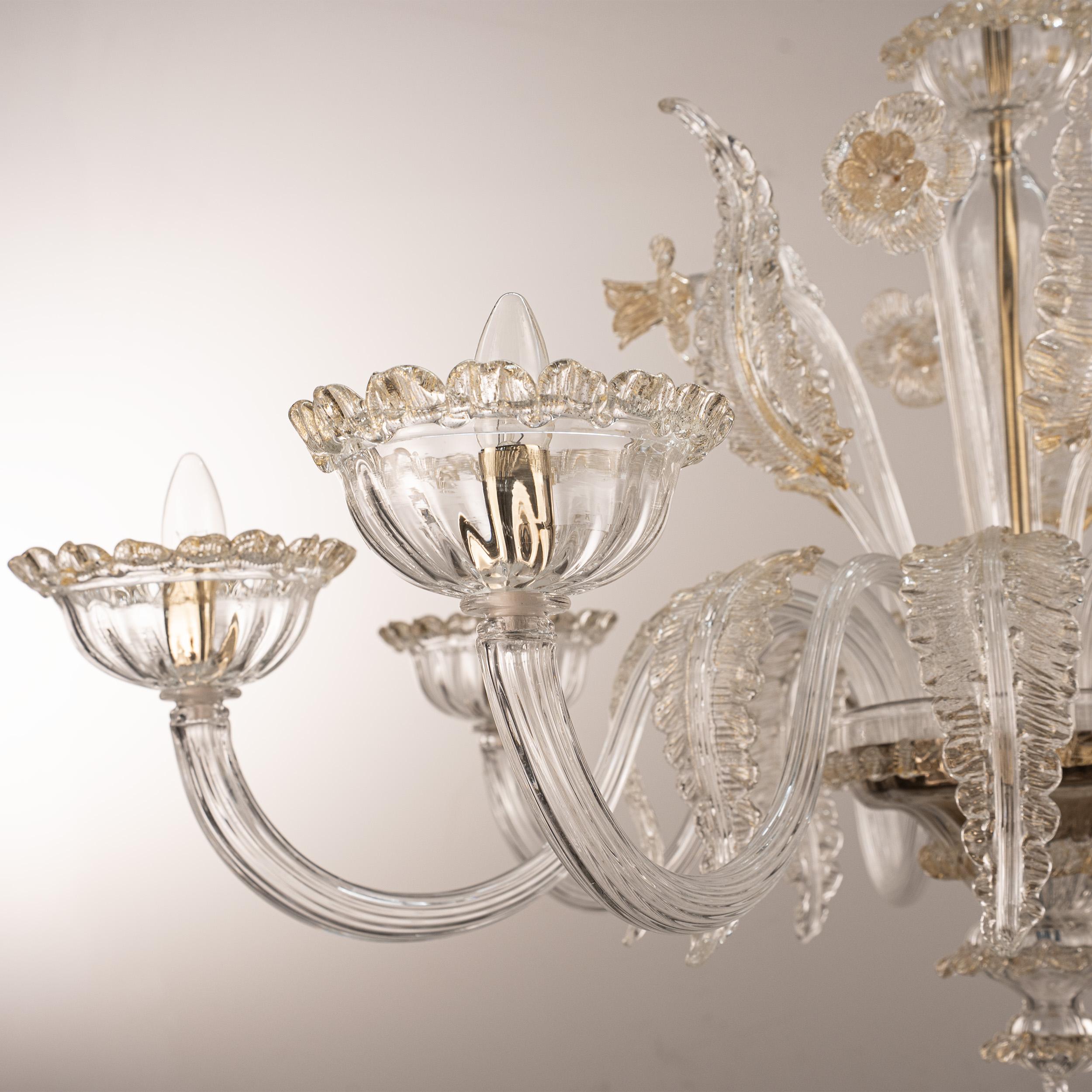 In stock grande lampadario di Murano in vetro chiaro e oro a 6 luci, Made in Italy In condizioni ottime in vendita a Venezia, IT
