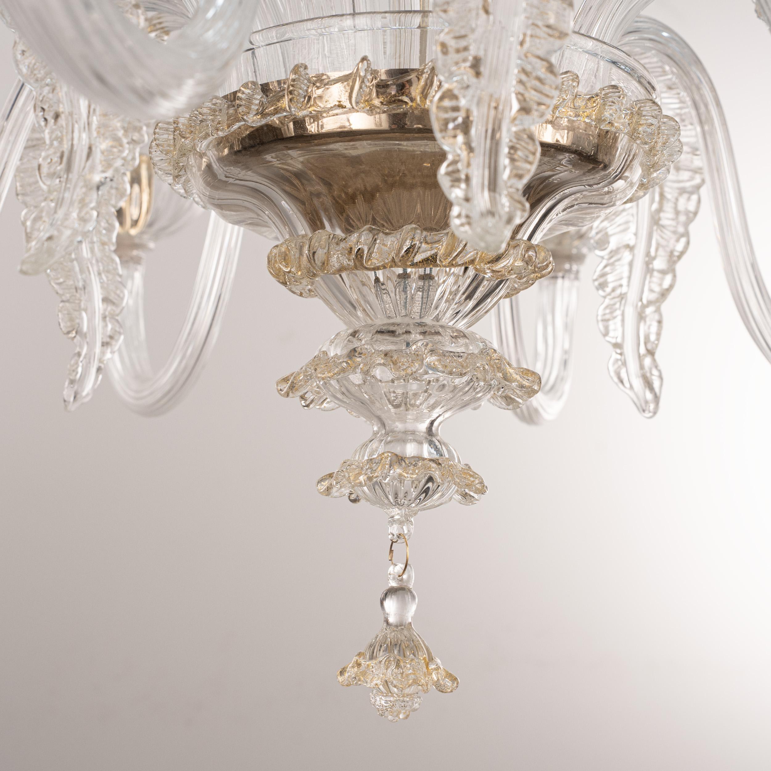 XX secolo In stock grande lampadario di Murano in vetro chiaro e oro a 6 luci, Made in Italy in vendita