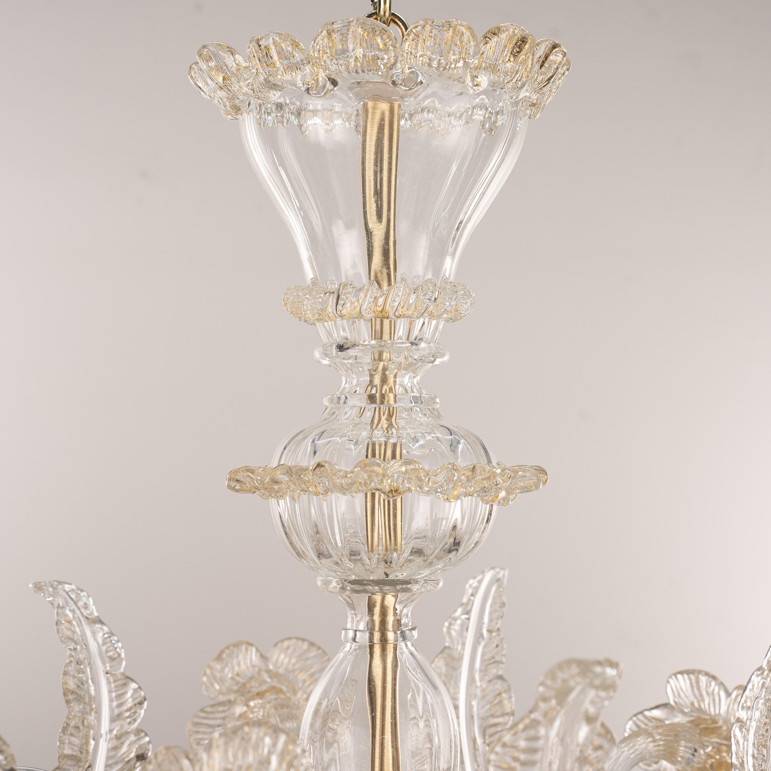 In stock grande lampadario di Murano in vetro chiaro e oro a 6 luci, Made in Italy in vendita 2