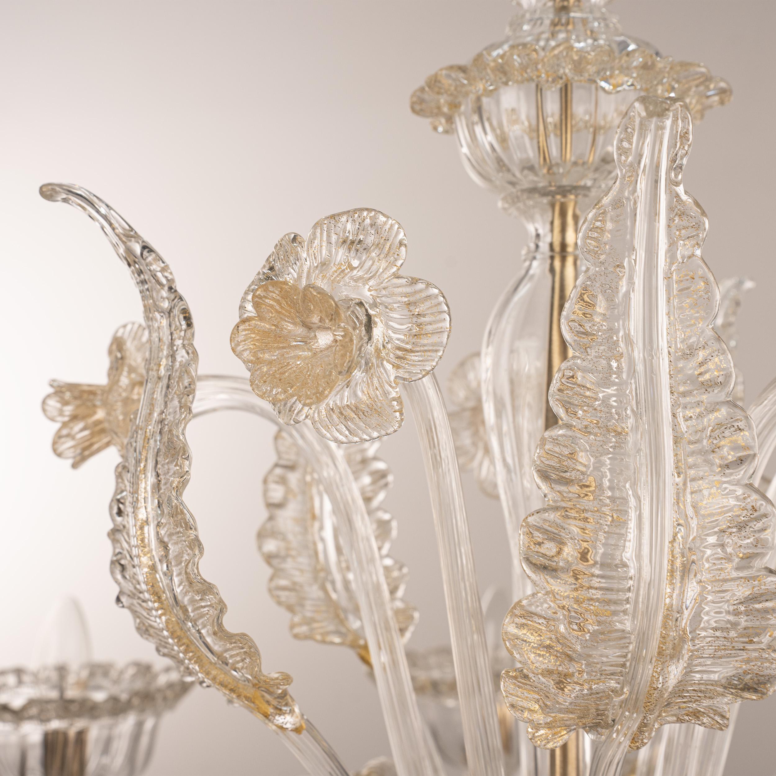 In stock grande lampadario di Murano in vetro chiaro e oro a 6 luci, Made in Italy in vendita 1