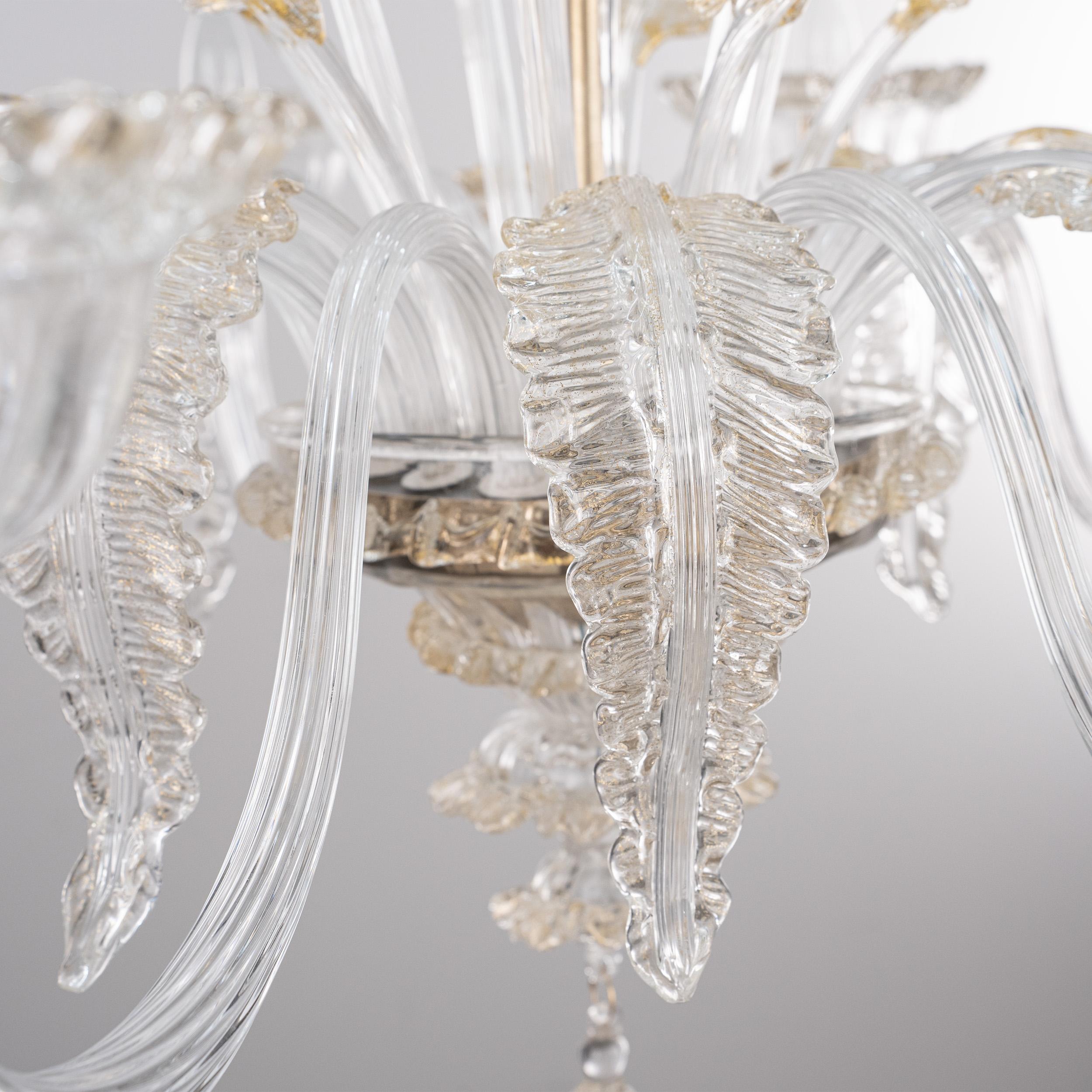 Ottone In stock grande lampadario di Murano in vetro chiaro e oro a 6 luci, Made in Italy in vendita