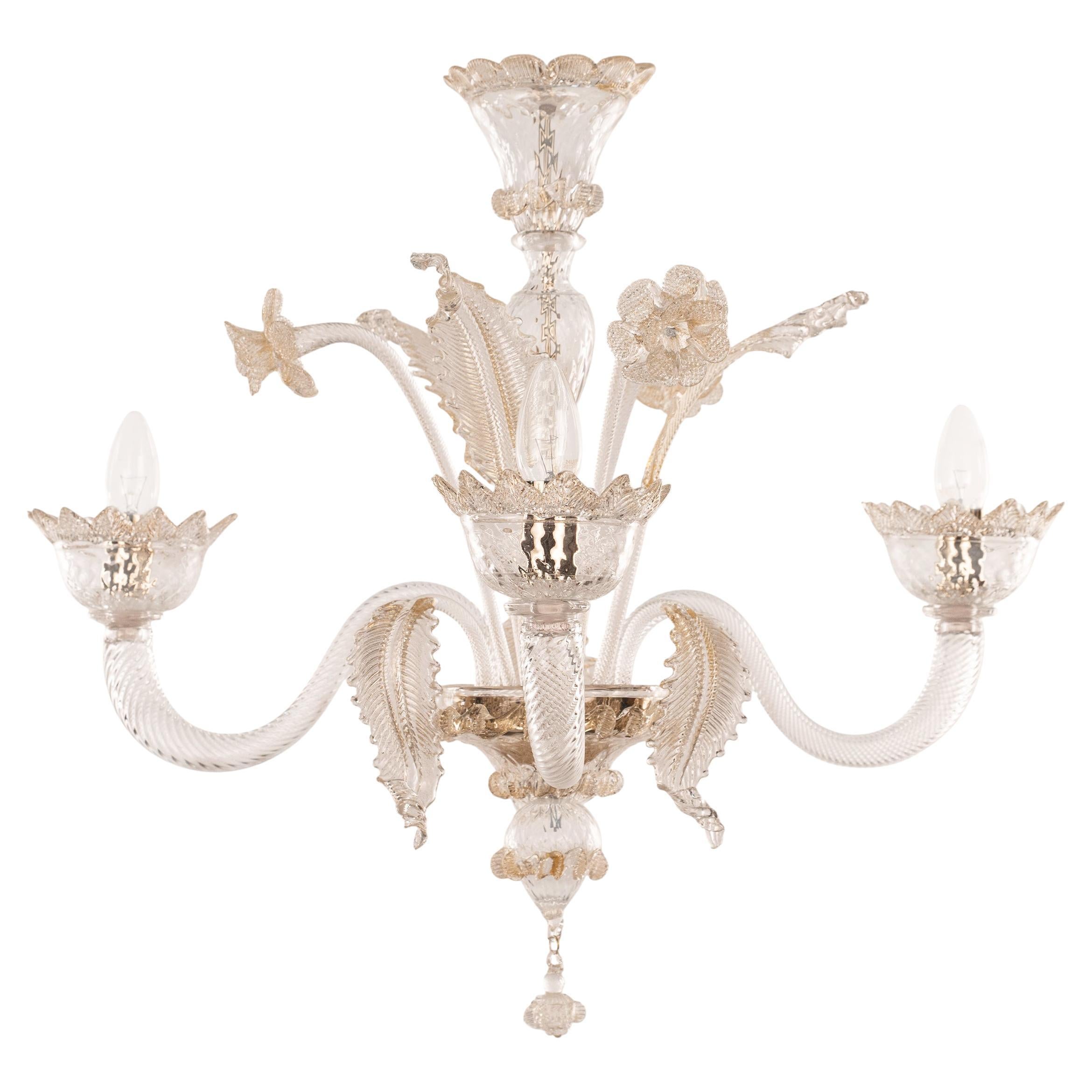 Lampadario a 3 luci in vetro di Murano Clear e Gold, Vintage Made in Italy in stock