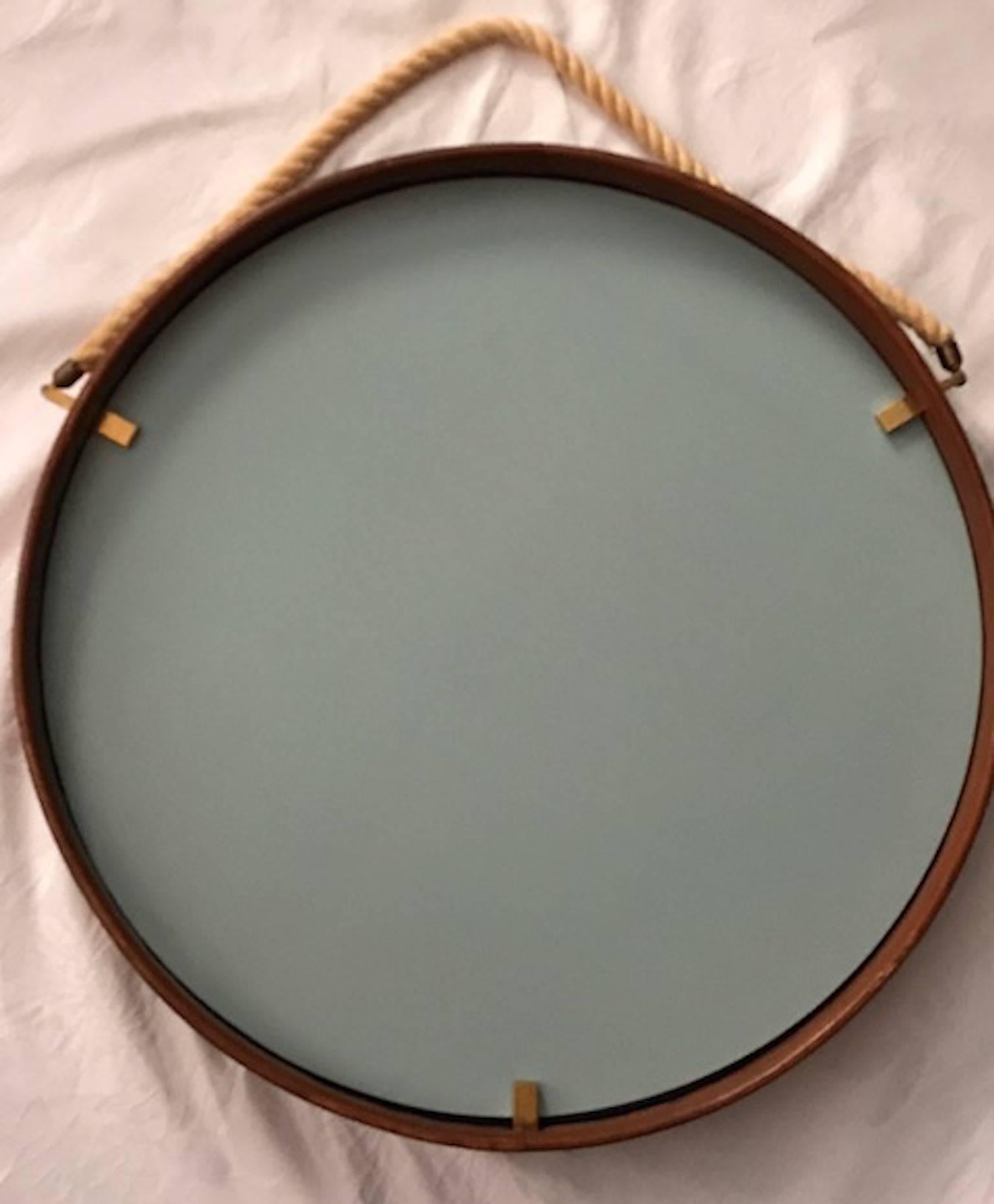 Mid-20th Century Italian Stitched Leather Round Mirror with Brass Accents and Rope