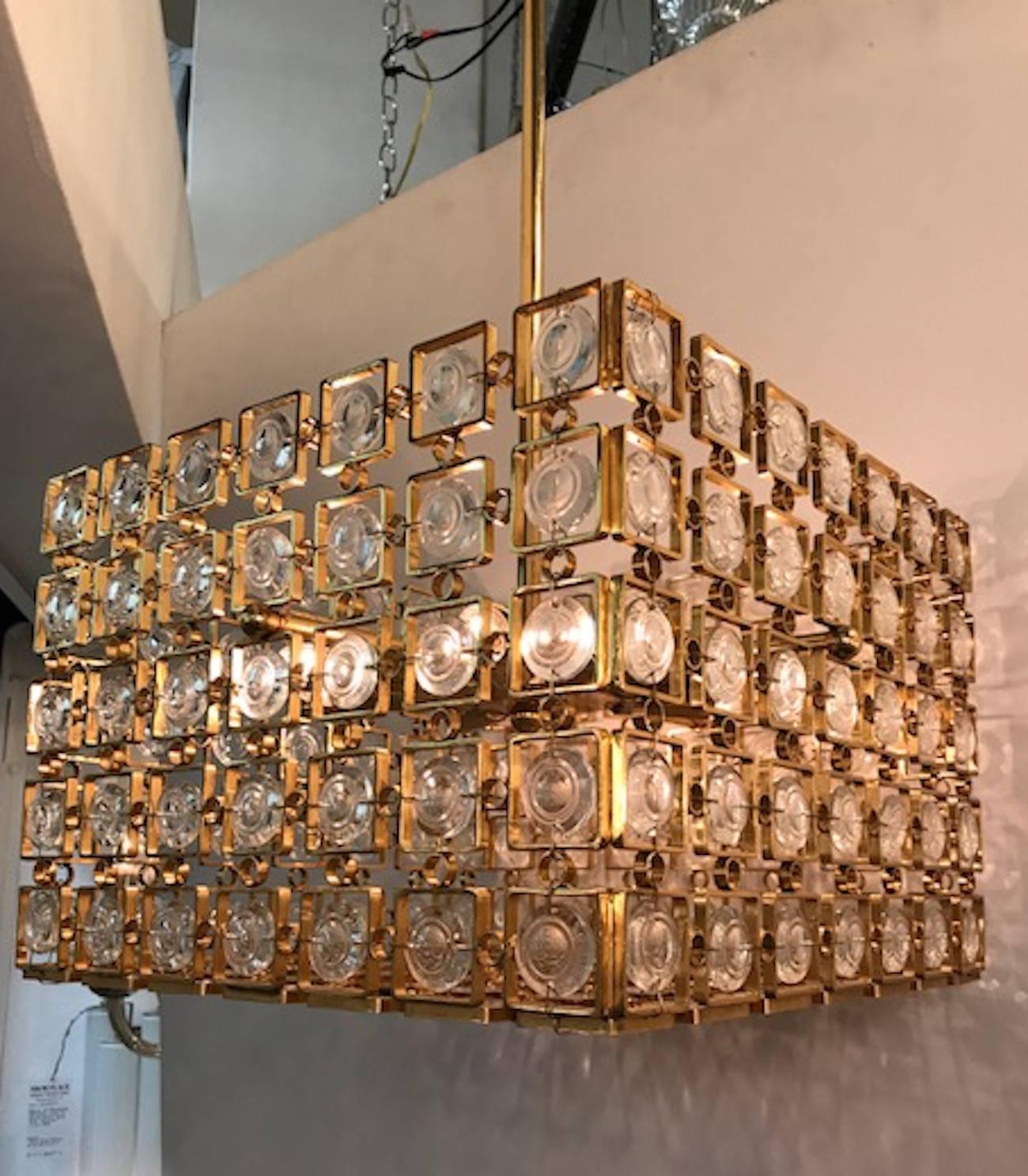  Pair of Sciolari of Italy 1970s Gold & Crystal Disk Geometric Chandelier 1 of 2 For Sale 1