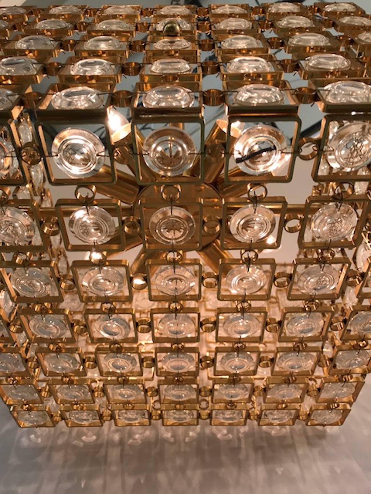  Pair of Sciolari of Italy 1970s Gold & Crystal Disk Geometric Chandelier 1 of 2 For Sale 2