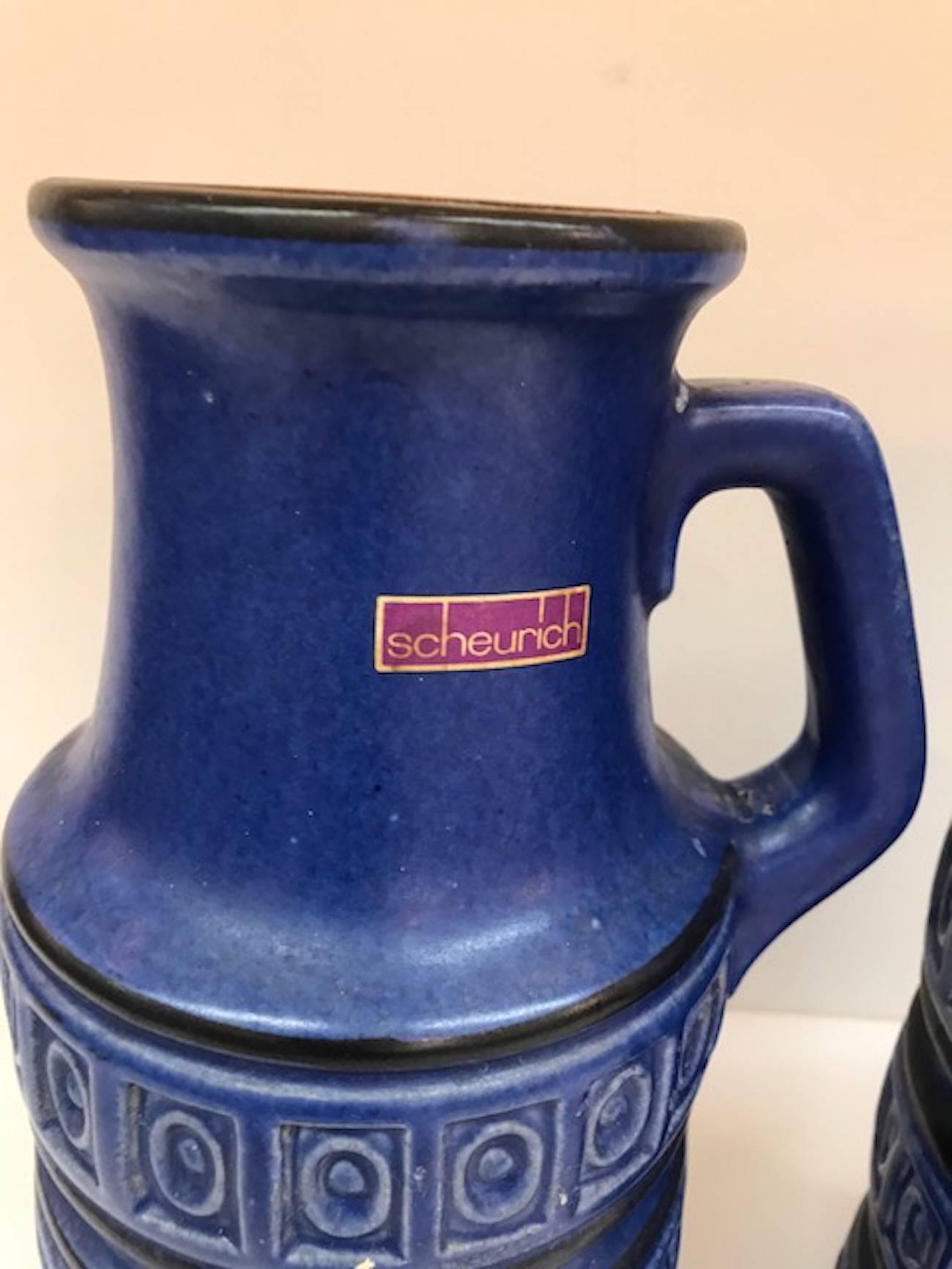 Pair of Scheurich Keramic 1950s Indigo Blue Jug Vases In Good Condition In New York, NY