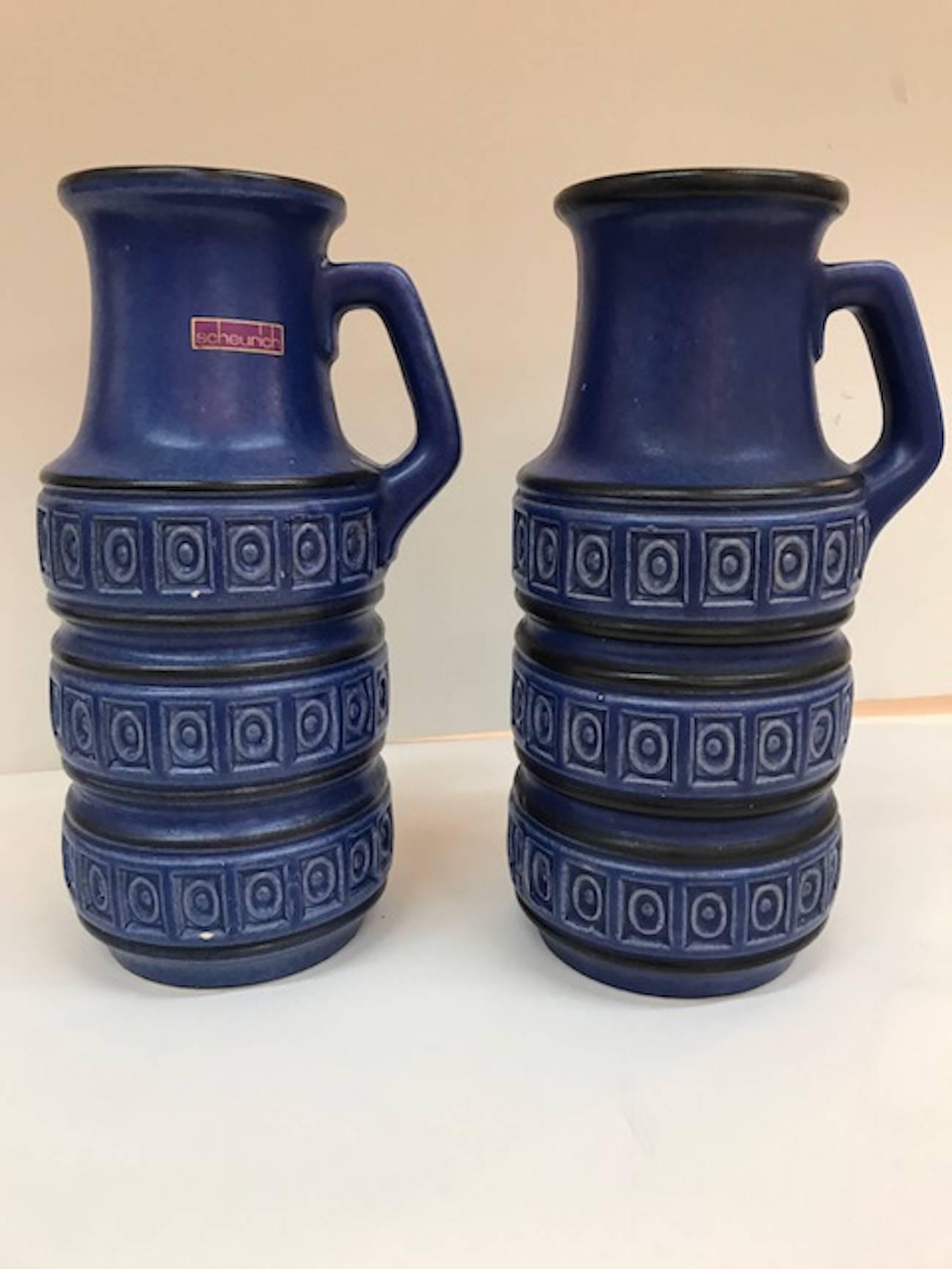 Pair of Scheurich Keramic 1950s Indigo Blue Jug Vases 1