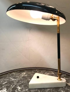 Italian 1950 Green Enamel, Marble and Brass Desk Lamp