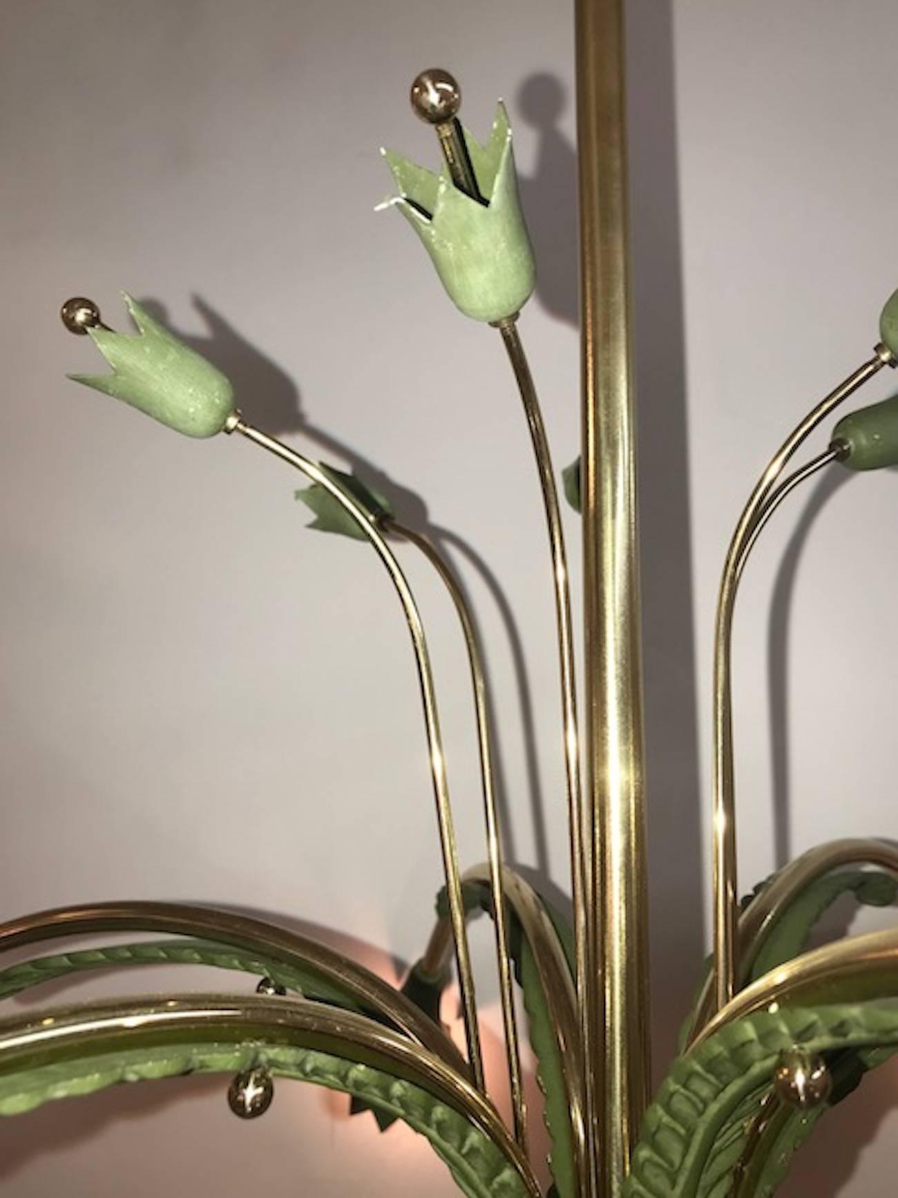 Italian 1940s-1950s Italian Floral Theme Brass, Glass and Enamel Chandelier 1
