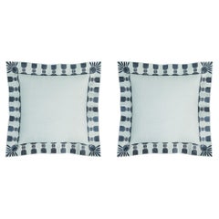 Tassel Embroidered Linen Pillows, Sky Blue & Navy, 24 "x 24", Pair