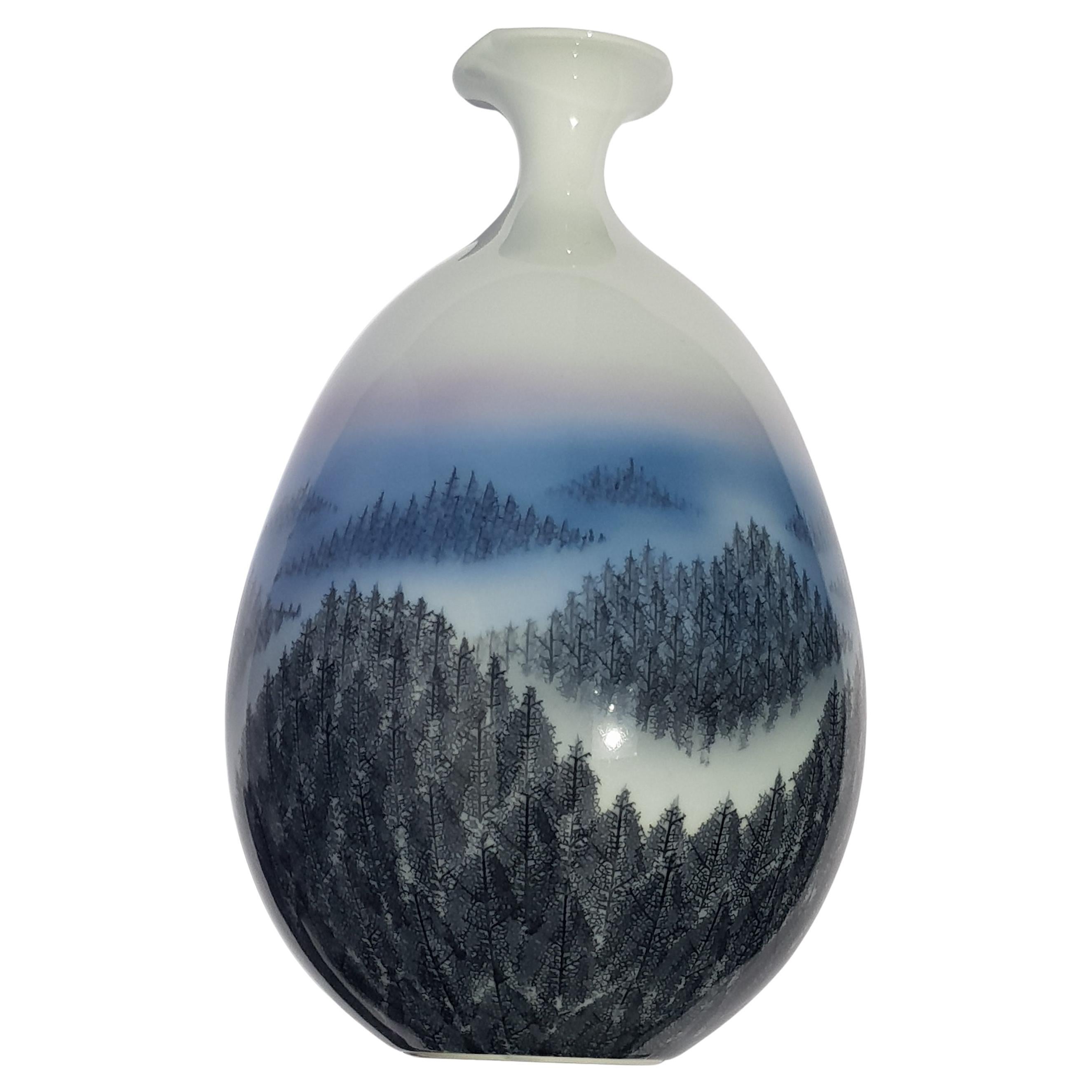 Vase japonais vintage Arita Artist Fujii Shumei Winter Landscape Mountain 1936