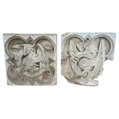 Antique Pair of 19th Century Religious Carved Stone Church Plaques of St Luke & St John