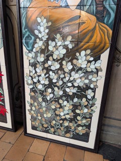 Set of Four Contemporary Hand-Painted Ceramic Panels After Alphonse Mucha, “The