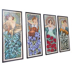 Set of Four Contemporary Hand-Painted Ceramic Panels After Alphonse Mucha, “The