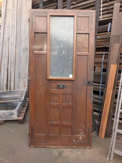 French Art Deco Solid Oak Entrance Door with Decorative Wrought Iron and Glass