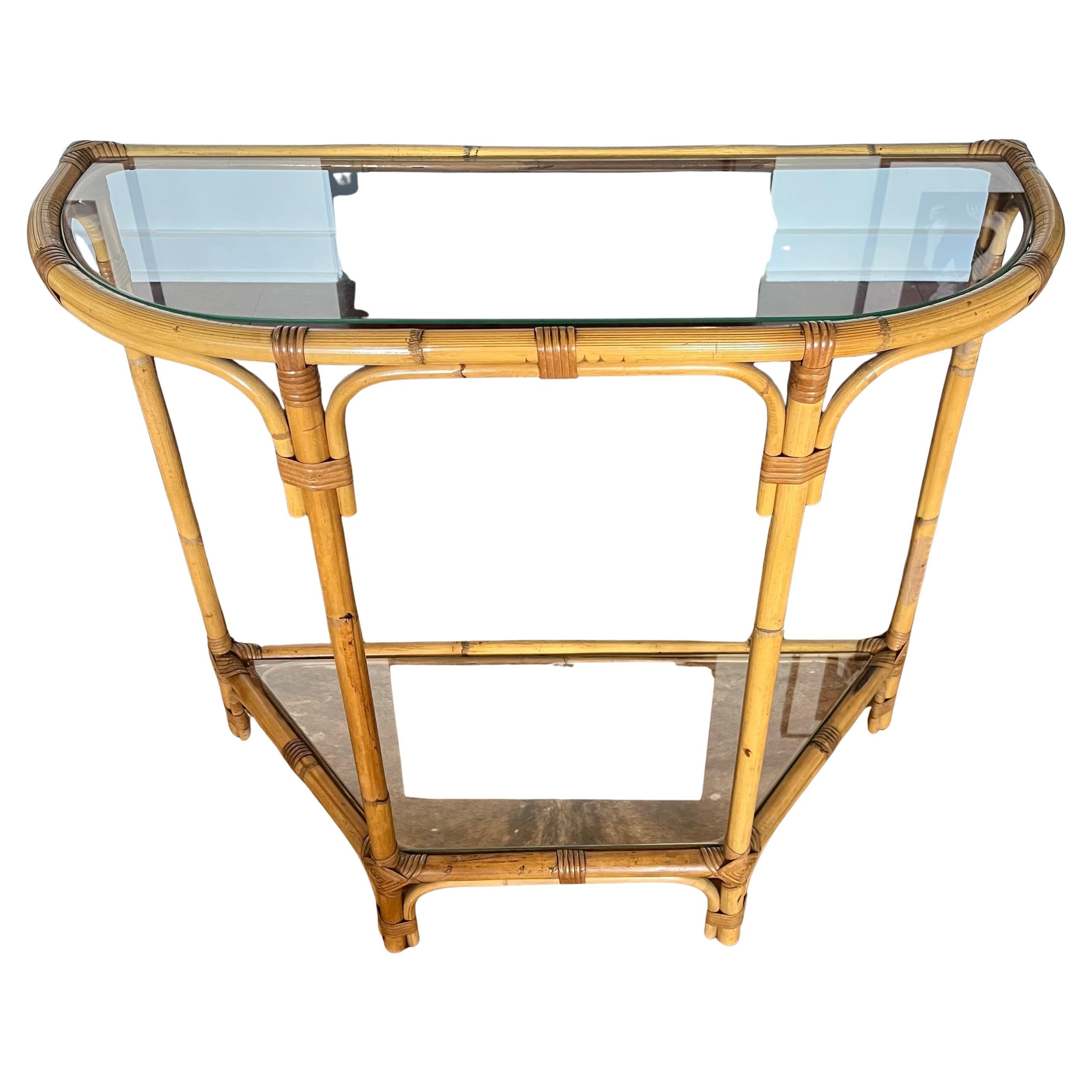 Portuguese Bamboo and Glass Console Table – Coastal Boho Entryway Bar, 1970s