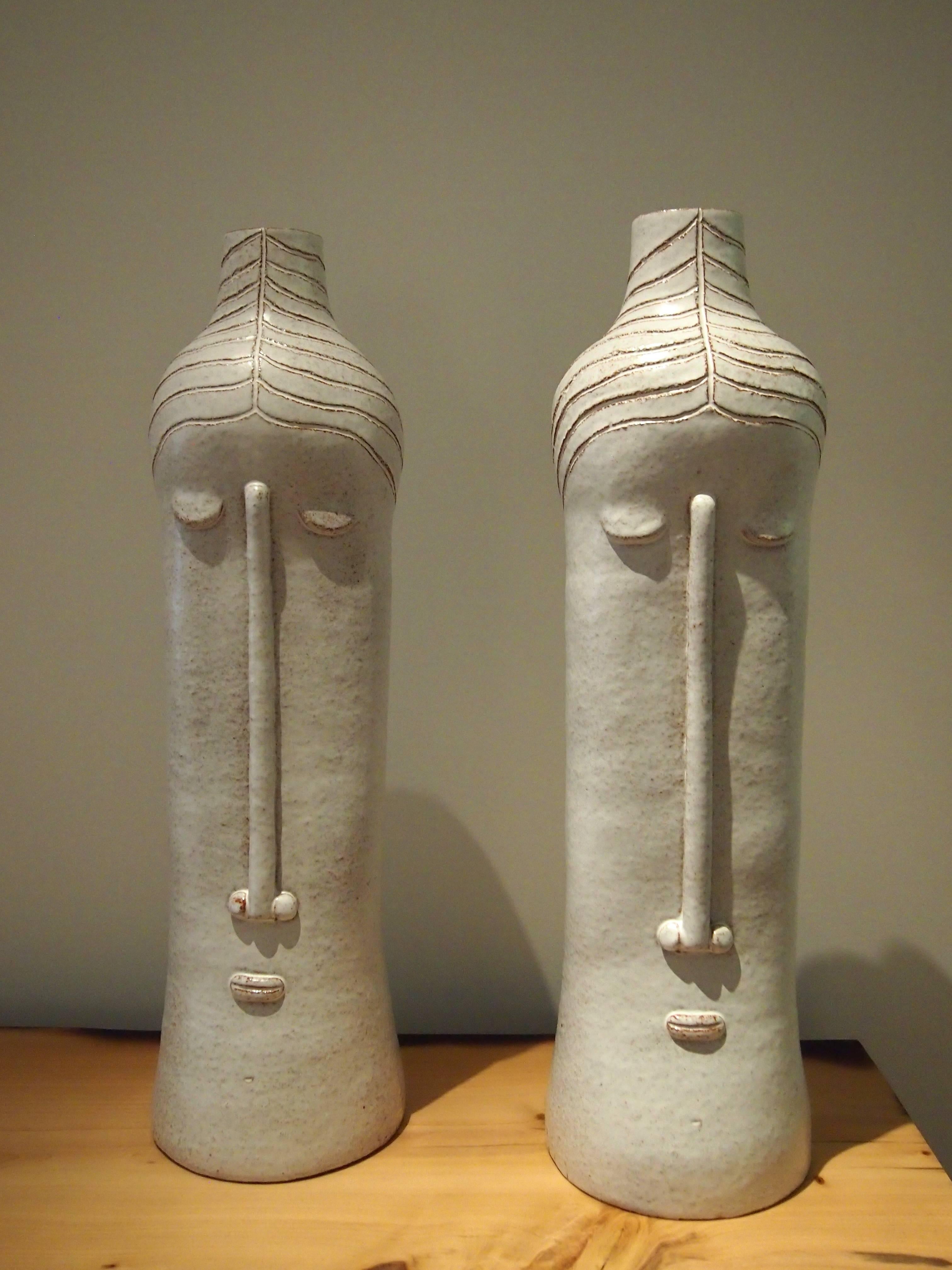 Contemporary Pair of Ceramic Lamp Bases with Stylized Faces, Unique Piece by Dalo