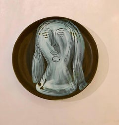 Ceramic Dish with Woman's Face Signed by Jacques Innocenti, 1950s