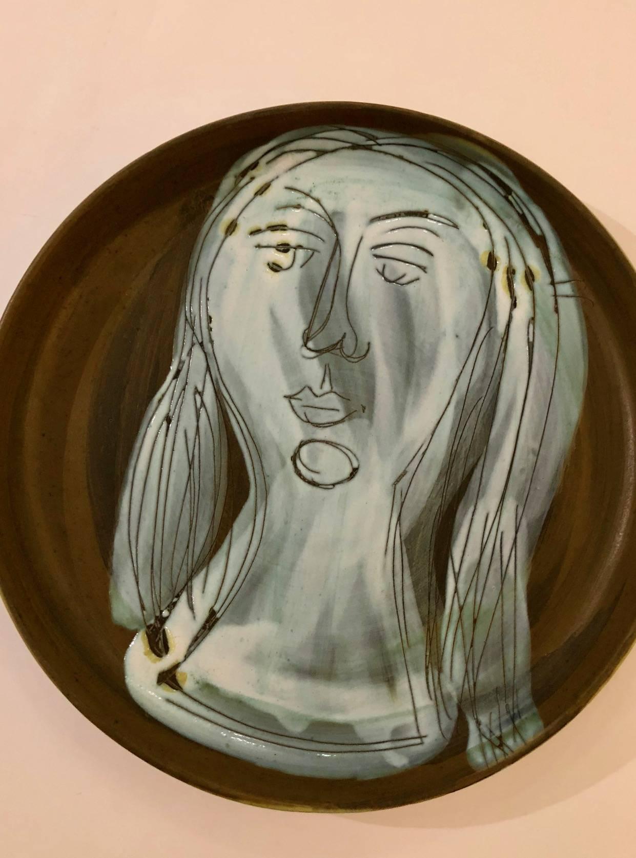 Mid-20th Century Ceramic Dish with Woman's Face Signed by Jacques Innocenti, 1950s