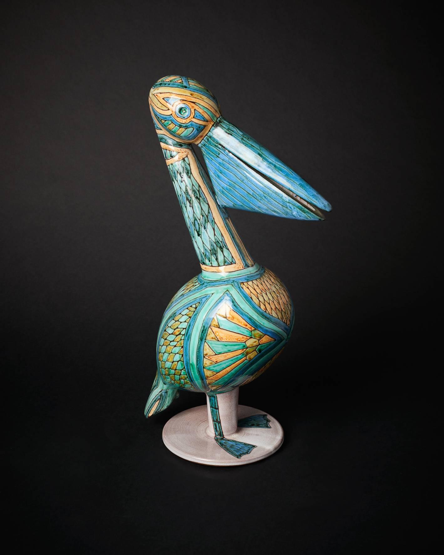 Enameled Pelican Ceramic Sculpture with Cloisonné Enamel, French, 1960