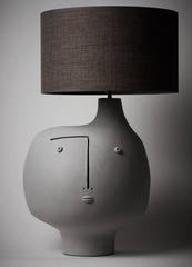 Large Grey Stoneware Biomorphic Lamp Base with Stylized Face by DaLo